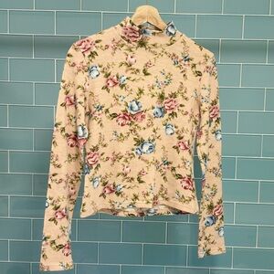 Vintage Floral Mock Neck Long Sleeve Top in Cream